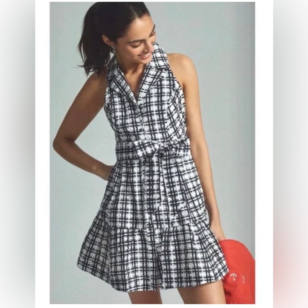 Anthropologie Maeve Black White Plaid Sleeveless Dress Button Up w Collar Size 2